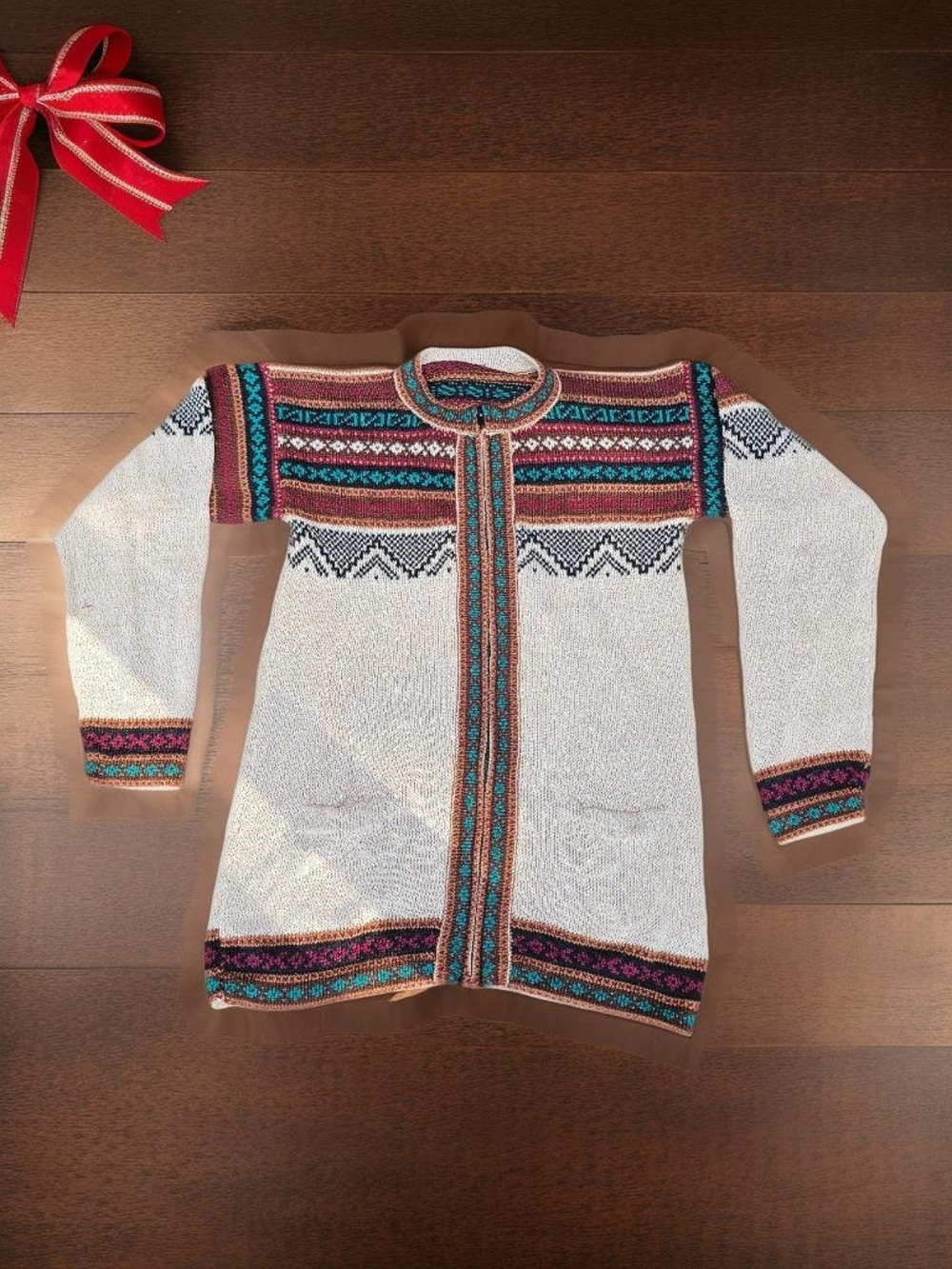 Handwoven Cream Cardigan with Multicolor Fair Isle Yoke
